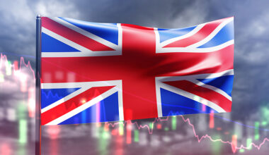 Economy of Great Britain. National flag of United Kingdom. UK economic recession chart. Great Britain financial market. Economic crisis UK. England flag in cloudy sky. UK Crisis chart. 3d image