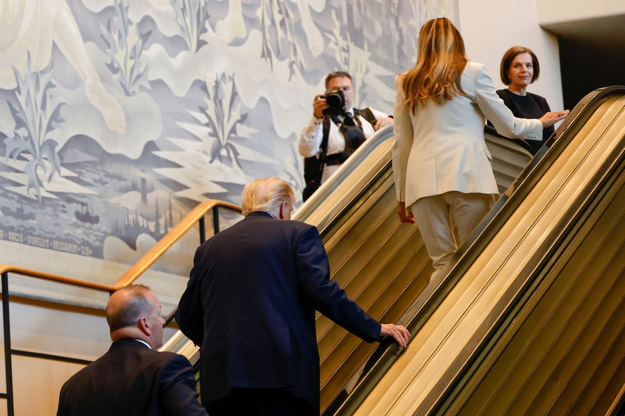 The president and first lady were forced to walk up an escalator when it jammed during their visit to the UN last September