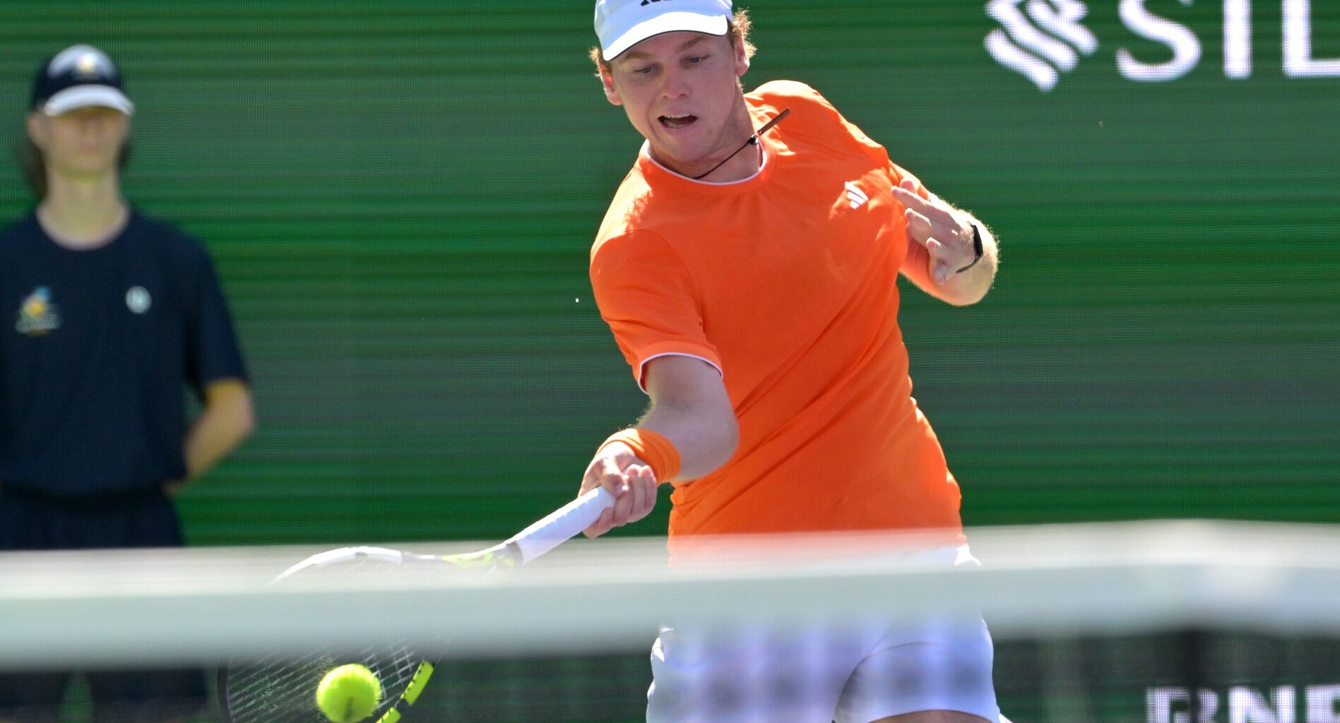 Alex Michelsen hits a forehand against Daniil Medvedev at the 2026 BNP Paribas Open in Indian Wells.