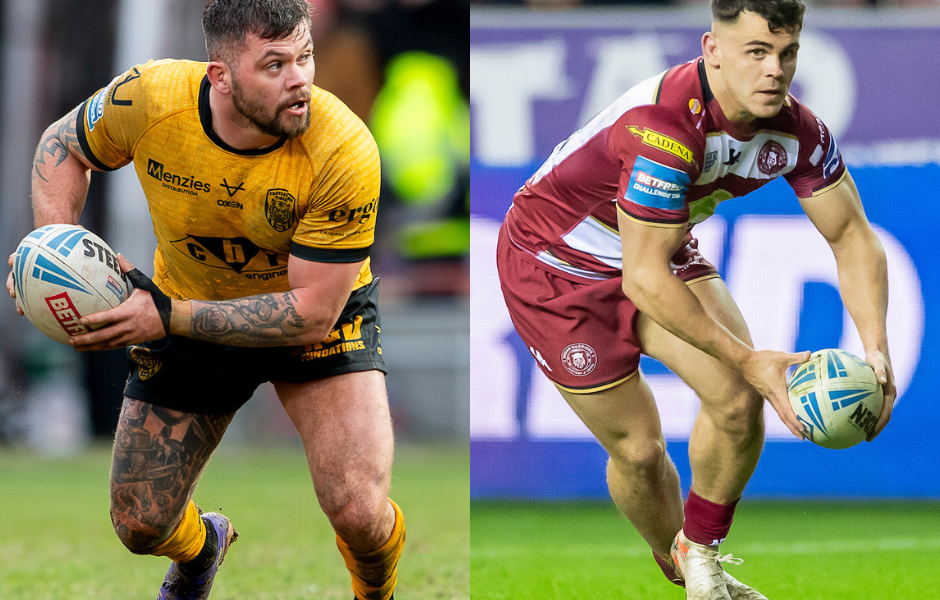 Castleford Tigers Liam Hood and Wigan Warriors Tom Forber
