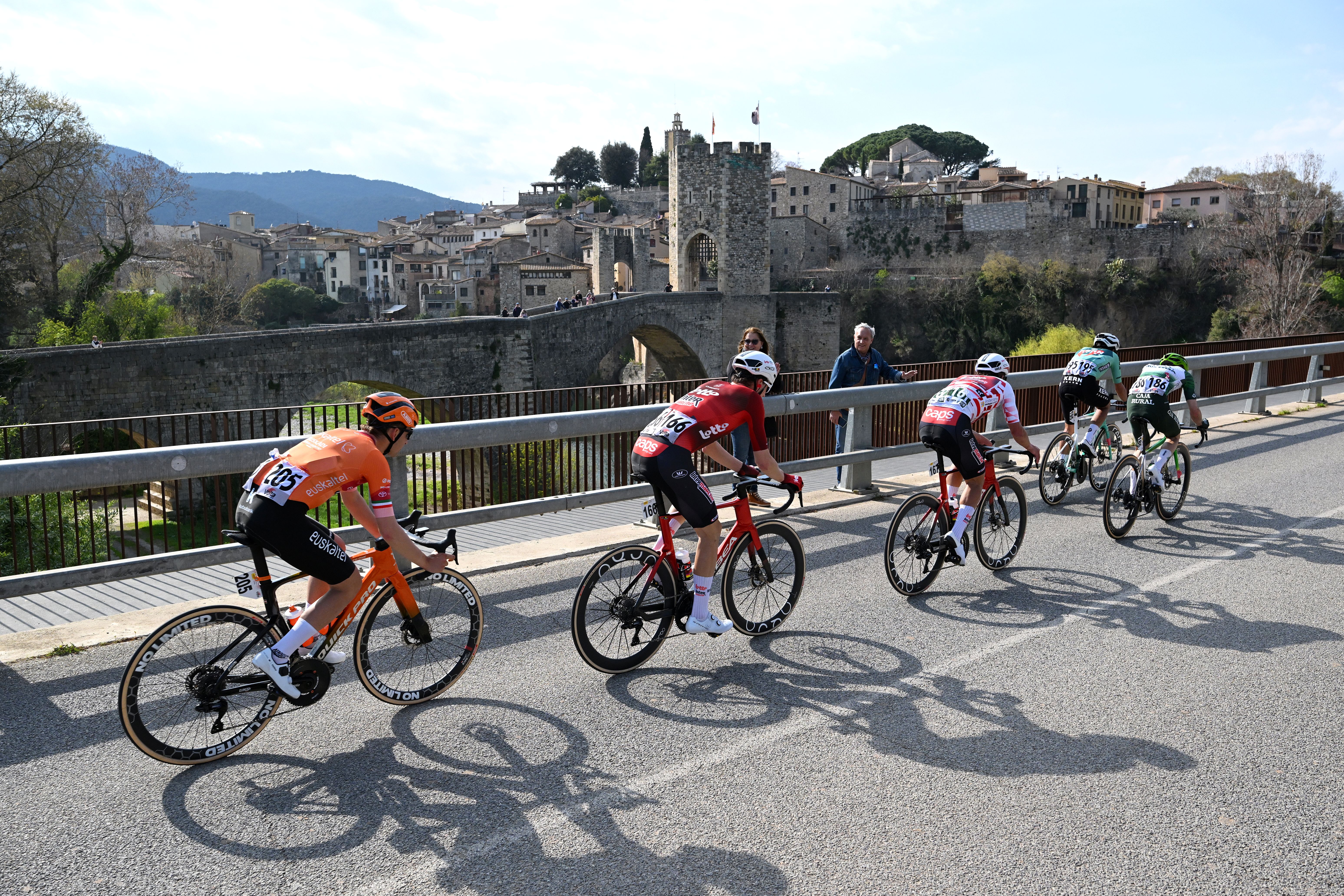 The breakaway riding through Besal&uacute; on stage 2 of Volta a Catalunya 2026