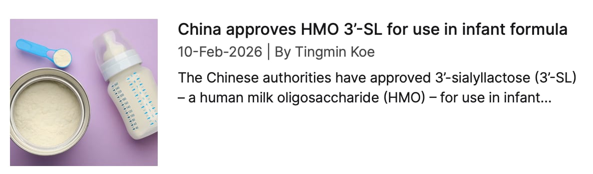 Screenshot of NutraIngredients coverage: "China approves HMO 3'-SL for use in infant formula"