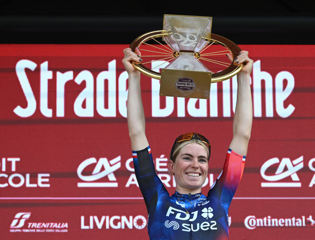 SIENA, ITALY - MARCH 08: Demi Vollering of Netherlands and Team FDJ - SUEZ celebrates at podium as race winner during the 11st Strade Bianche 2025, Women's Elite a 136km one day race from Siena to Siena 320m / #UCIWWT / on March 08, 2025 in Siena, Italy. (Photo by Dario Belingheri/Getty Images)
