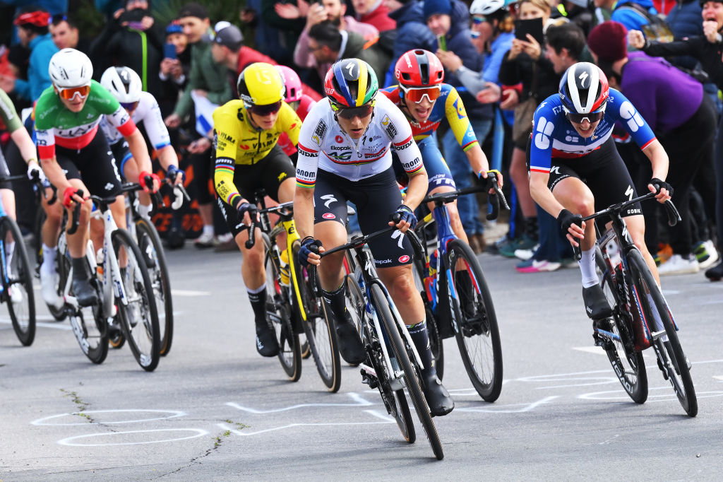 SANREMO, ITALY - MARCH 22: (L-R) Kimberley Le Court Pienaar of Mauritius and Team AG Insurance - Soudal and Juliette Labous of France and Team FDJ - SUEZ compete during the 1st Sanremo Women 2025 a 156km one day race from Genova to Sanremo / #UCIWWT / on March 22, 2025 in Sanremo, Italy. (Photo by Tim de Waele/Getty Images)