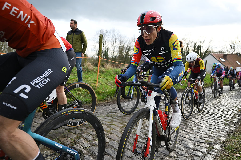 Balsamo riding in the group on the cobblestones
