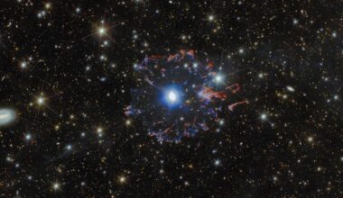 A view of the Cat's Eye Nebula, a blue ball of light surrounded by purple and red gas in a starry night sky
