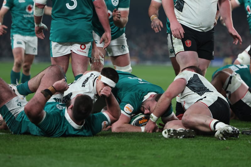 Ireland's Jack Conan scores. Photograph: Damien Eagers/PA