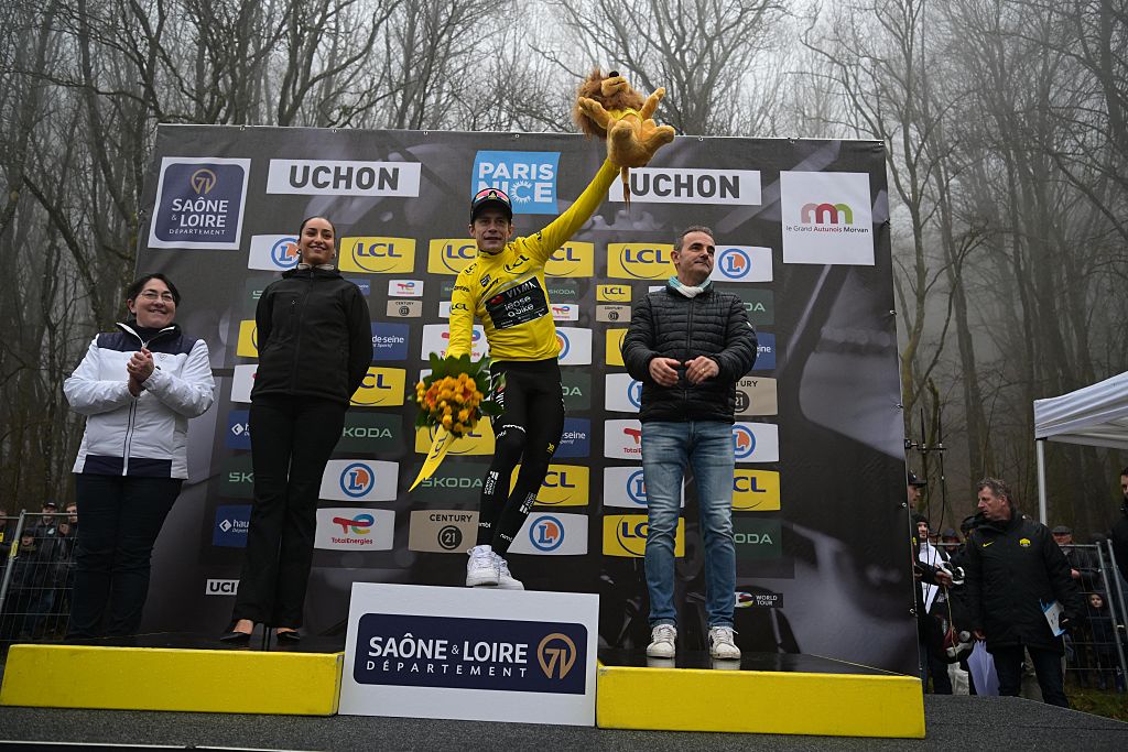 Danish Jonas Vingegaard of Team Visma-Lease a Bike celebrates on the podium after winning the fourth stage of 84th edition of the Paris-Nice cycling race, a race from Bourges to Uchon (195 km), on Wednesday 11 March 2026.BELGA PHOTO DAVID PINTENS (Photo by DAVID PINTENS / BELGA MAG / Belga via AFP)