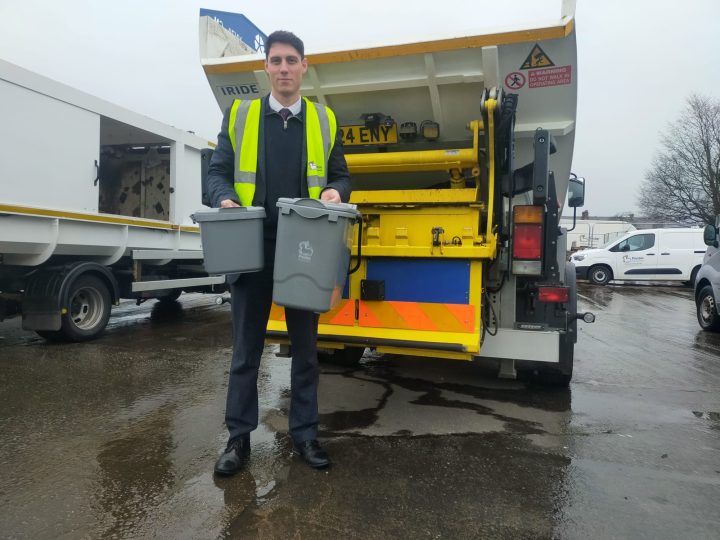 Councillor Freddie Bailey with the food waste caddies Pic: Blog Preston