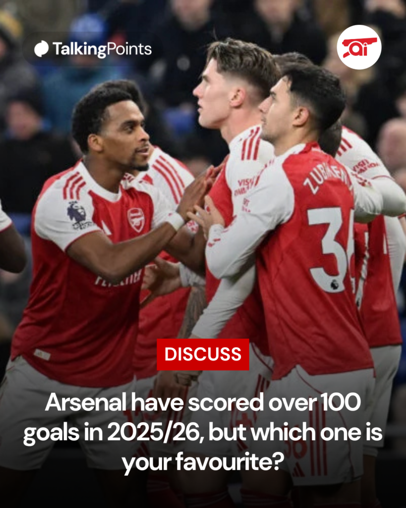 Image of Arsenal players celebrating, overlaid a question asking fans to name their favourite goal in the 2025/26 season