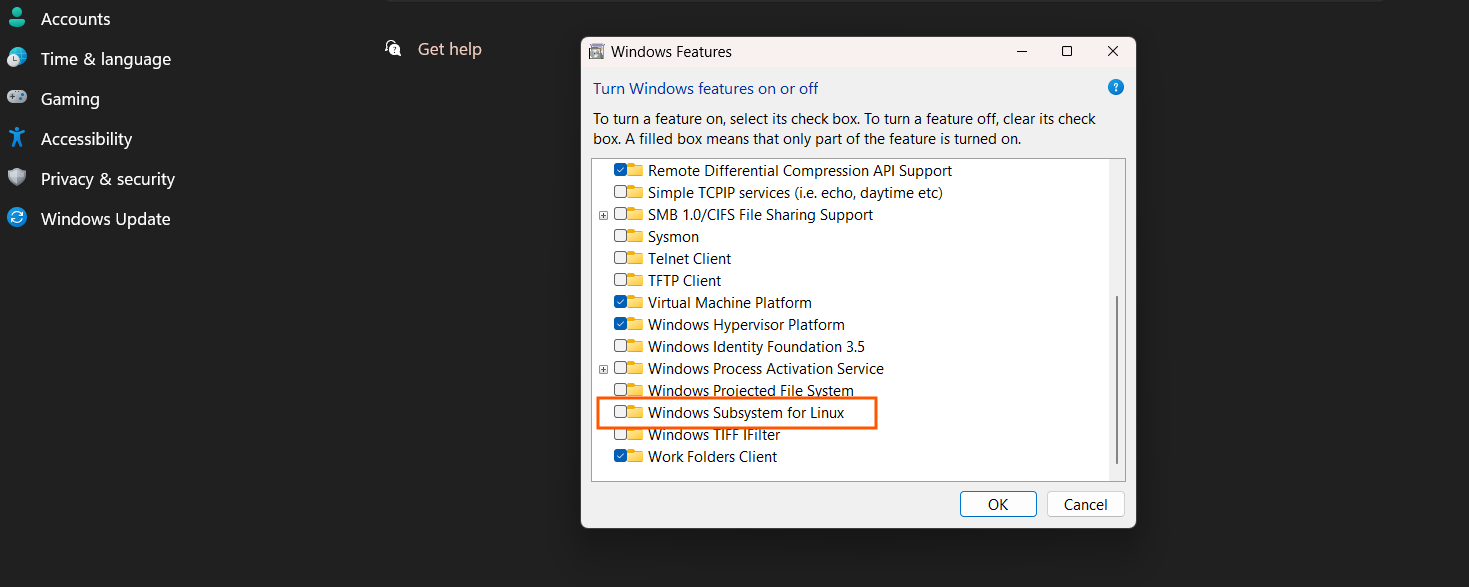 Windows Subsystem for Linux in Optional Features