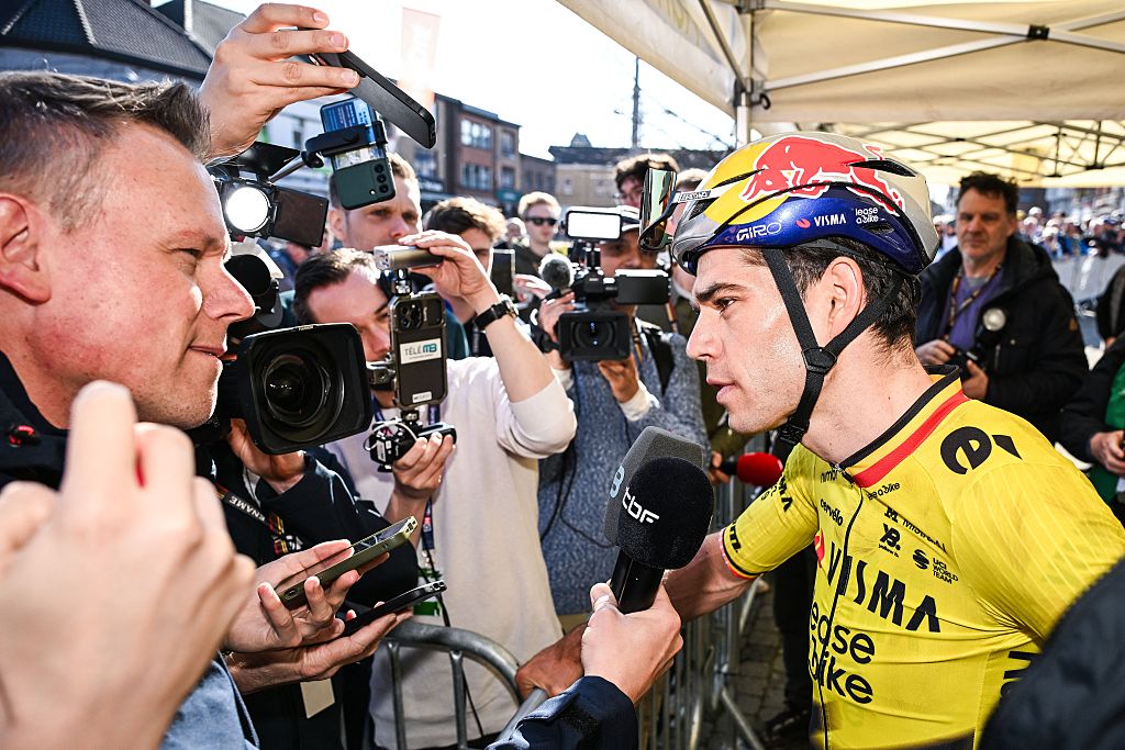 Visma-Lease a Bike Belgian rider Wout Van Aert answers questions from journalists prior to the start of the men's one-day cycling race "Ename Samyn Classic", 203,8km from Quaregnon to Dour on March 3, 2026. (Photo by MAARTEN STRAETEMANS / Belga / AFP) / Belgium OUT