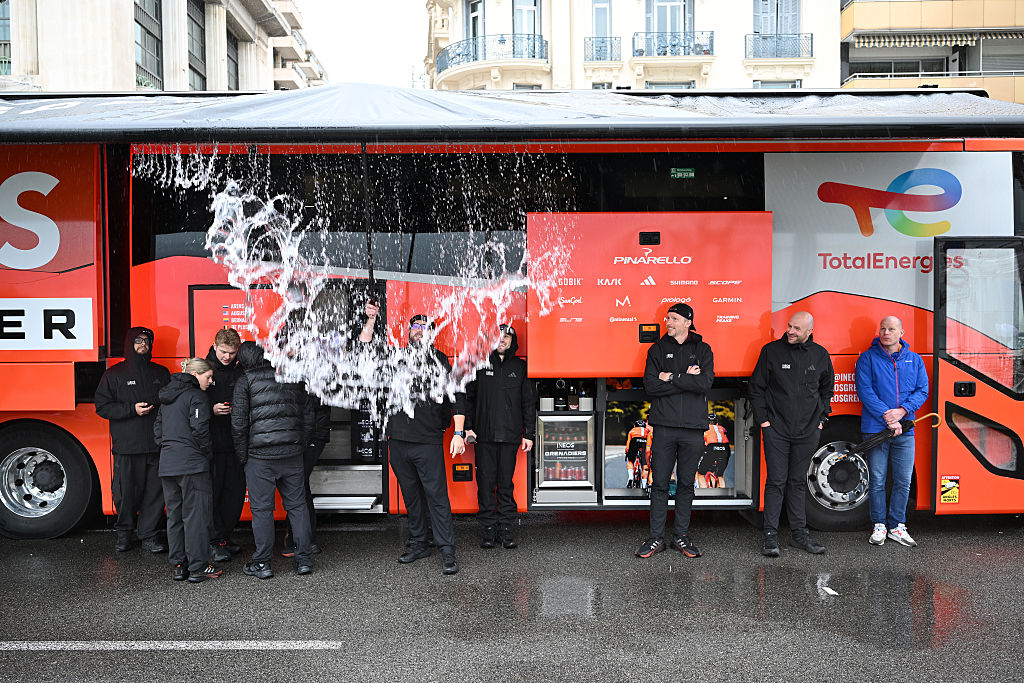 NICE, FRANCE - MARCH 14: Paddock of Team TotalEnergies prior to the 84th Paris-Nice 2026, Stage 7 a 120.4km stage from Nice to Isola 855m / The finish was moved from Auron to Isola, due to adverse weather conditions / #UCIWT / on March 14, 2026 in Nice, France. (Photo by Szymon Gruchalski/Getty Images)