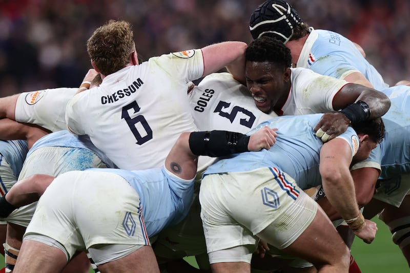 Ollie Chessum, Alex Coles and Maro Itoje of England in action. Photograph: Teresa Suarez/EPA