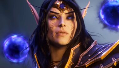 A screencap of the World of Warcraft: Midnight cinematic trailer. An elf with long dark hair and purple eyes faces a bright light in the distance. Two dark blue orbs hover over her plated shoulder pads.