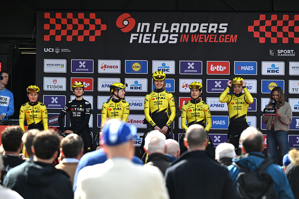 WEVELGEM, BELGIUM - MARCH 29: Martina Fidanza of Italy, Daniek Hengeveld of Netherlands, Lieke Nooijen of Netherlands, Nienke Veenhoven of Netherlands, Margaux Vigie of France, Imogen Wolff of Great Britain and Team Visma | Lease a Bike prior to the 13th In Flanders Fields - From Middelkerke to Wevelgem 2026 - Women's Elite a 135.2km one day race from Wevelgem to Wevelgem / #UCIWWT / on March 29, 2026 in Wevelgem, Belgium. (Photo by Luc Claessen/Getty Images)