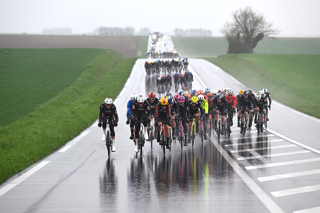 UCHON, FRANCE - MARCH 11: A general view of the peloton competing during the 84th Paris-Nice 2026, Stage 4 a 195km stage from Bourges to Uchon / #UCIWT / on March 11, 2026 in Uchon, France. (Photo by Szymon Gruchalski/Getty Images)