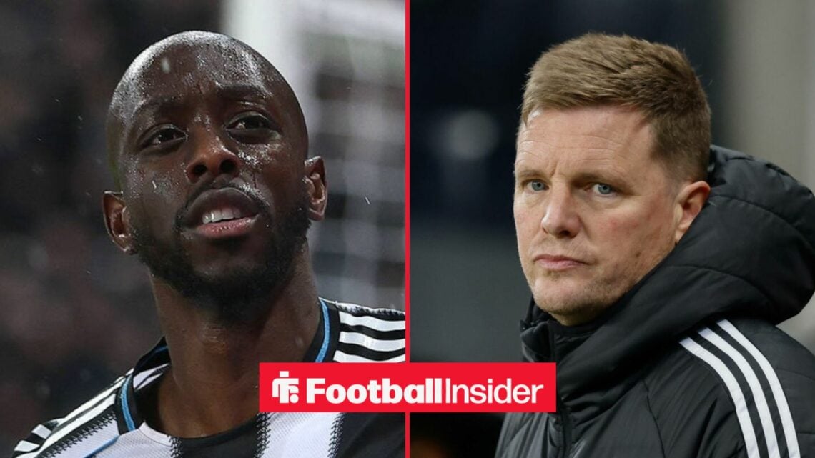 Yoane Wissa in action for Newcastle, with Eddie Howe in a circular inset