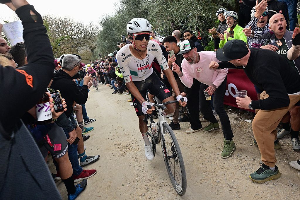 Mexican Isaac Del Toro of UAE Team Emirates - XRG pictured in action during the men elite 'Strade Bianche' one day cycling race, 203km from and to Siena, Italy on Saturday 07 March 2026. BELGA PHOTO DIRK WAEM (Photo by DIRK WAEM / BELGA MAG / Belga via AFP)