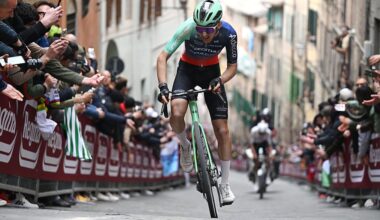 SIENA, ITALY - MARCH 07: Paul Seixas of France and Team Decathlon CMA CGM competes in the chase group during the 20th Strade Bianche 2026 a 203km one day race from Siena to Siena / #UCIWT / on March 07, 2026 in Siena, Italy. (Photo by Luc Claessen/Getty Images)