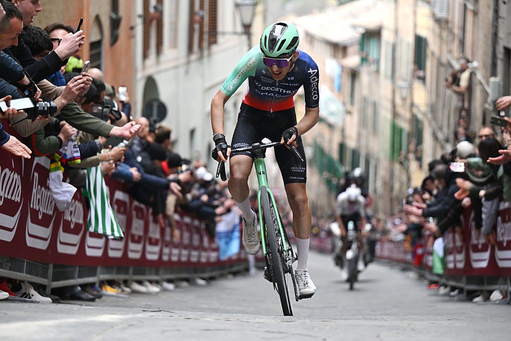 SIENA, ITALY - MARCH 07: Paul Seixas of France and Team Decathlon CMA CGM competes in the chase group during the 20th Strade Bianche 2026 a 203km one day race from Siena to Siena / #UCIWT / on March 07, 2026 in Siena, Italy. (Photo by Luc Claessen/Getty Images)