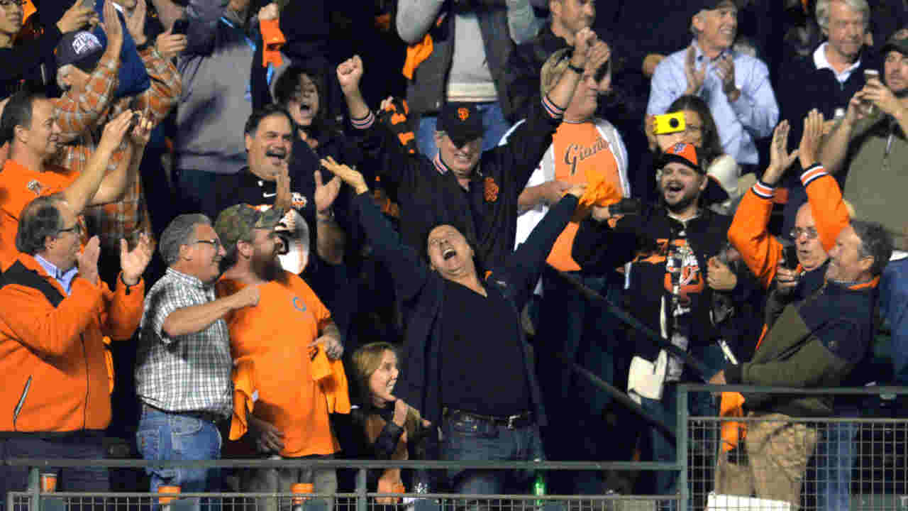 Steve Perry leading the crowd in a singalong at a baseball game in 2014