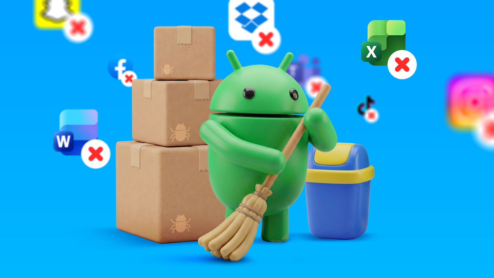 A 3D illustration of the Android mascot holding a broom, standing next to boxes and a trash can, surrounded by app icons with red cross marks.