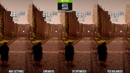 A couple of scenes showing how Crimson Desert scales from absolutely, fulled maxed, down to "almost maxed" cinematic mode, with comparisons to DF optimised settings and Pearl Abyss' choices for the PS5's balanced mode. Click on the images for full resolution.