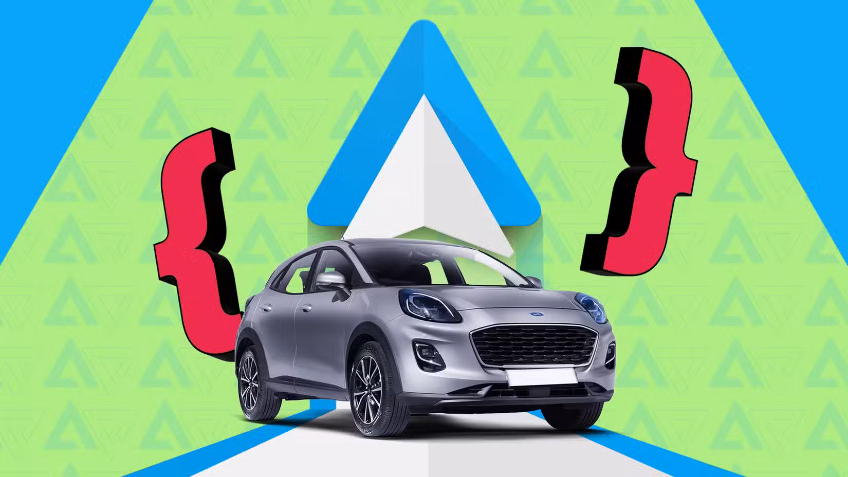 A silver car under the Android Auto logo, framed by two red curly brackets