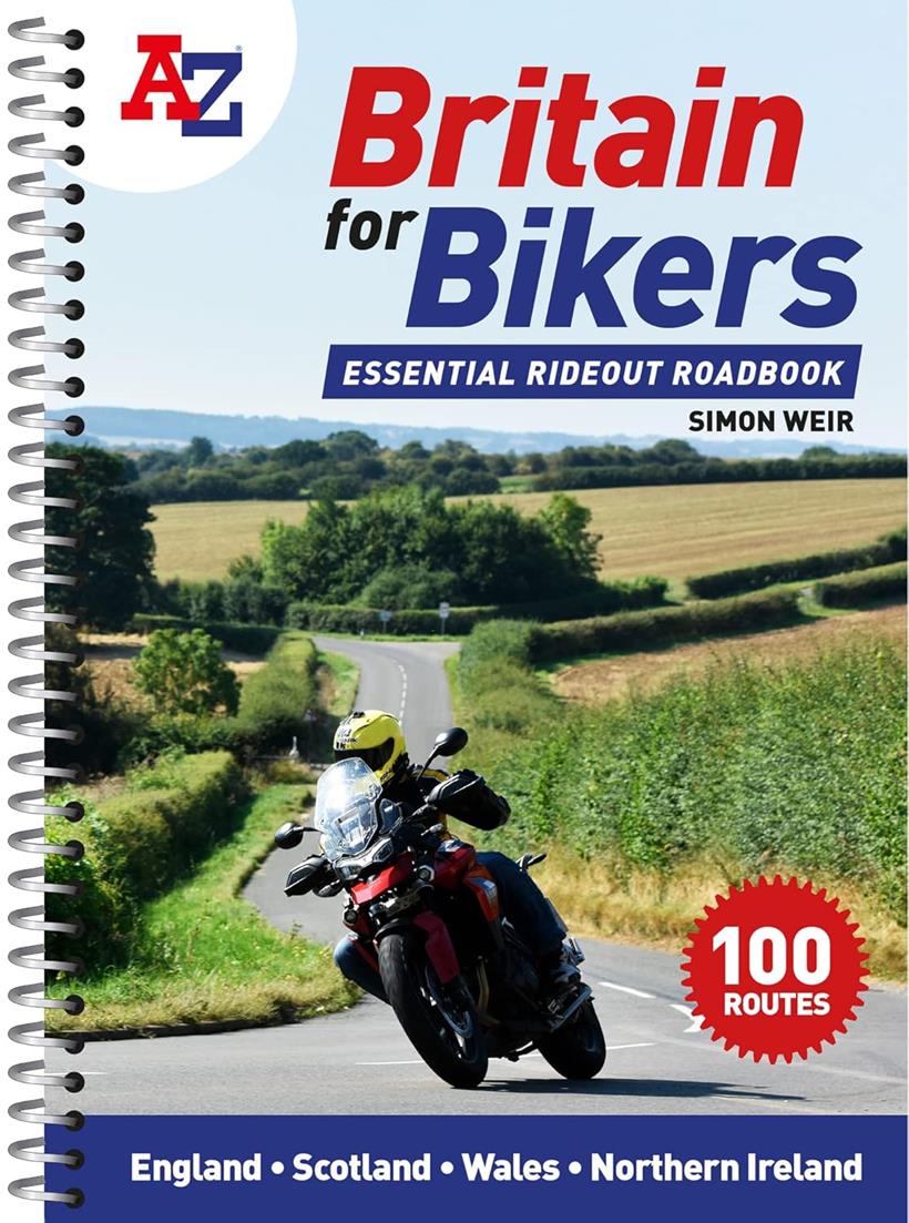 A-Z bikers of britain front cover, with a rider taking a bend on a summers day