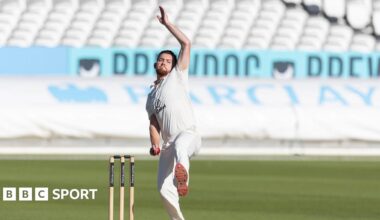 Ryan Higgins in mid-delivery stride bowling for Middlesex against Gloucestershire at Lord's last season