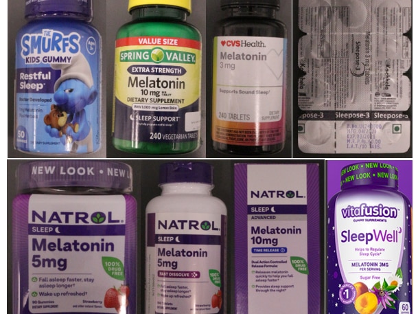 A combined picture of eight melatonin products with significantly more than the labelled amount