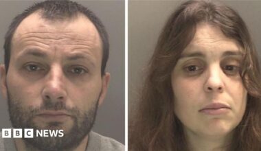 A police custody photograph of Klevi Pirjani, who has a brown beard and short brown hair, and a mugshot of Nivalda Santos Pirjani, who has long brown hair.