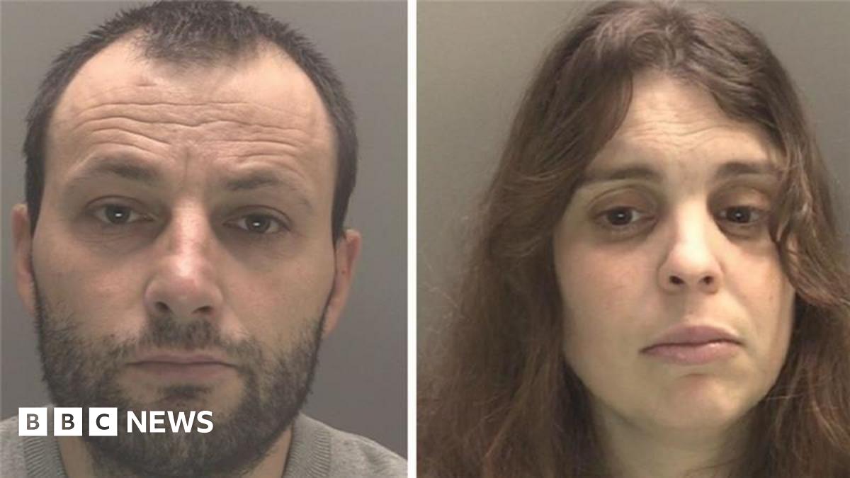 A police custody photograph of Klevi Pirjani, who has a brown beard and short brown hair, and a mugshot of Nivalda Santos Pirjani, who has long brown hair.