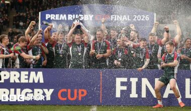 Tommy Reffell of Leicester Tigers lift the trophy following the PREM Rugby Cup match between Leicester Tigers and Exeter Chiefs at Mattioli Woods Welford Road Stadium.