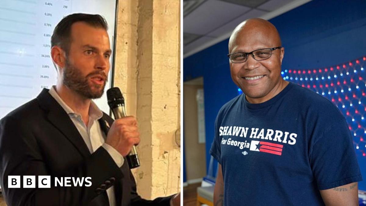 Clay Fuller speaks into a microphone  and Shawn Harris smiles in a campaign T-shirt in a coposite image of the two candidates.