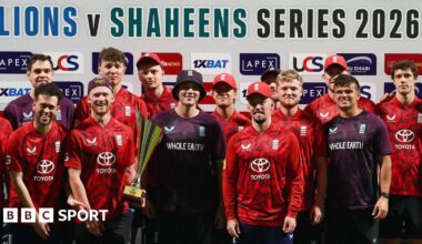 The players of England Lions celebrate winning the T20 series against Pakistan Shaheens