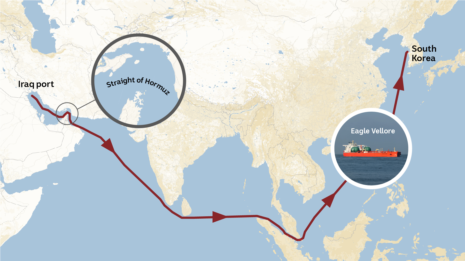 A map showing the tanker Eagle Vellore's route from Iraq to South Korea. 