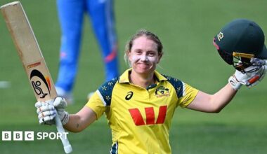 Alyssa Healy of Australia celebrates scoring a century during game three of the women's one-day international series between Australia and India at Bellerive Oval