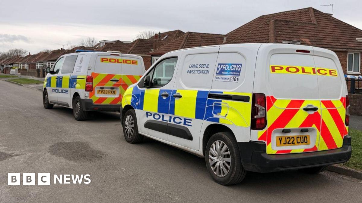 The image shows a residential street with low, single‑storey houses on either side. Two marked police vans are parked along the road.