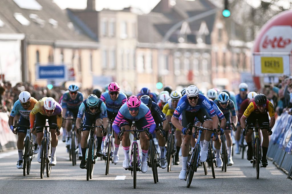 ROESELARE - MARCH 22: A general view of Dylan Groenewegen of Netherlands and Team Unibet Rose Rockets and Jonas Rickaert of Belgium and Team Alpecin-Premier Tech sprint at finish line during the 15th Grote Prijs Jean-Pierre Monsere 2026 a 202.5km one day race from Torhout to Roeselare on March 22, 2026 in Roeselare, Italy. (Photo by Luc Claessen/Getty Images)