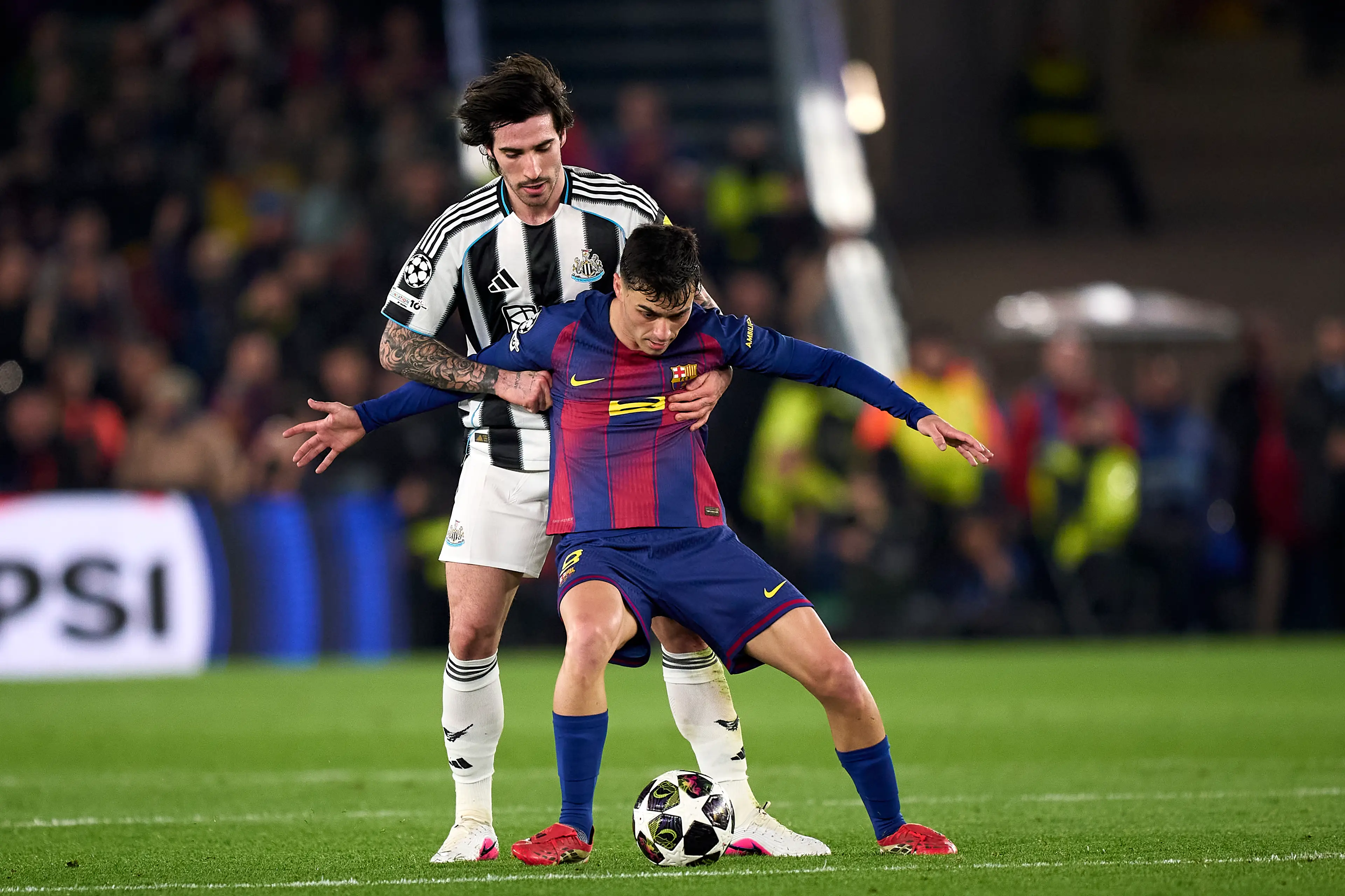 Sandro Tonali in action for Newcastle vs Barcelona (credit: getty) 