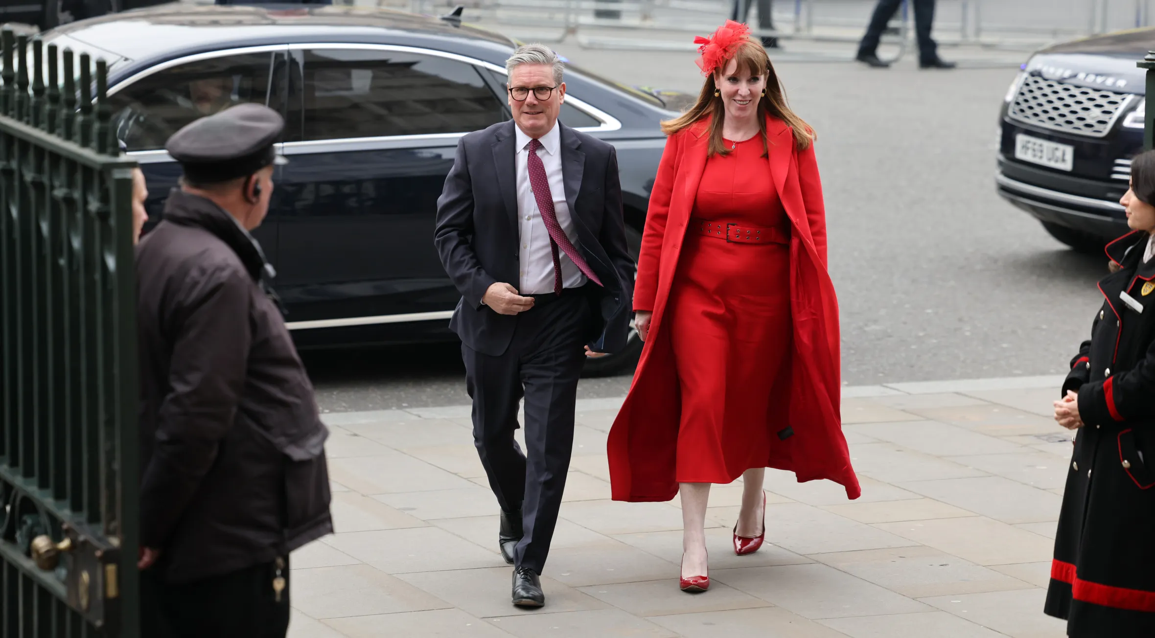 Prime Minister Keir Starmer and Deputy Prime Minister Angela Rayner arrive at Westminster Abbey.