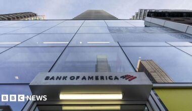 A shot looking up to the top of a skyscraper, which has a Bank of America branch and logo at the bottom at 200 East 59th street in New York, US, on Friday, Jan. 23, 2026.