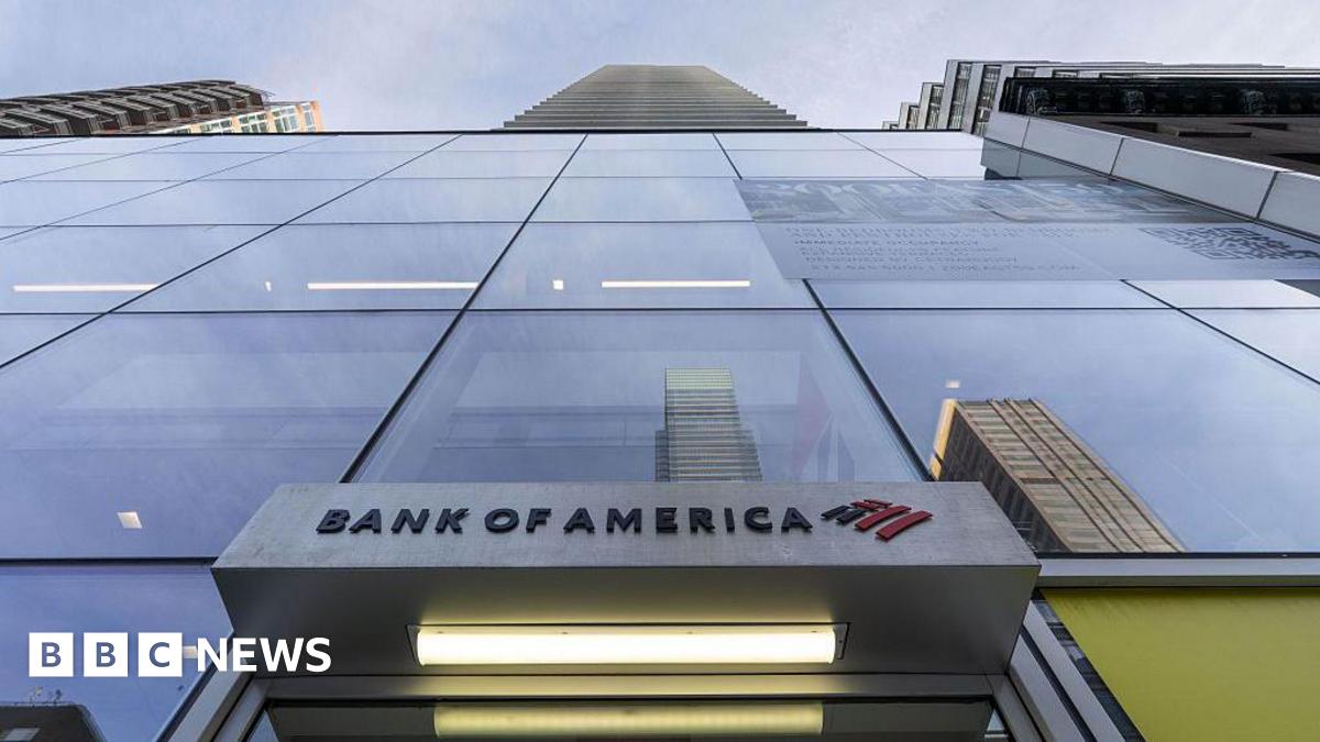 A shot looking up to the top of a skyscraper, which has a Bank of America branch and logo at the bottom at 200 East 59th street in New York, US, on Friday, Jan. 23, 2026.