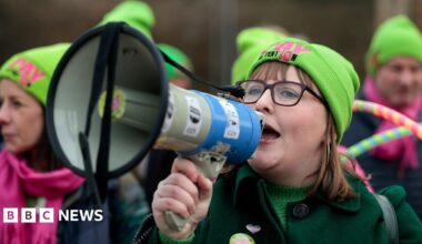 Striking teachers hold a rally outside Langside Hall as they begin a two-day strike action as their pay dispute continues on February 28, 2023 in Glasgow