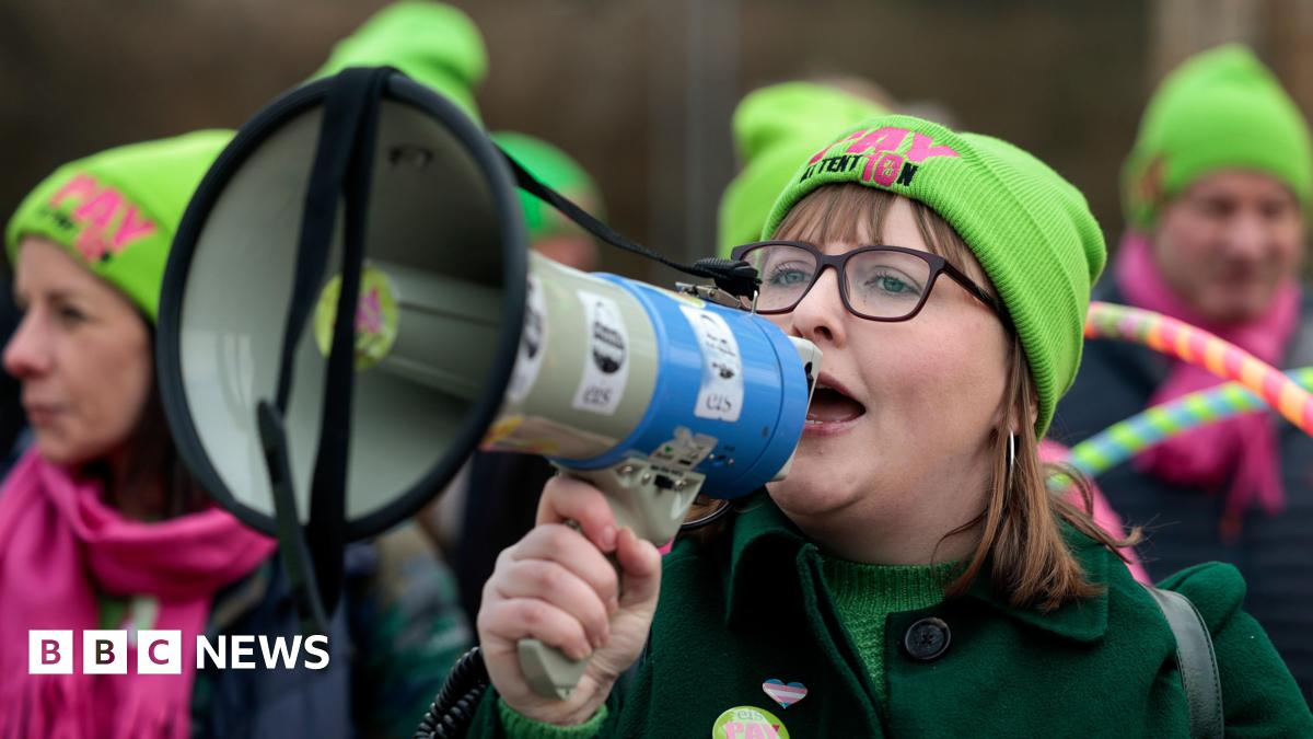 Striking teachers hold a rally outside Langside Hall as they begin a two-day strike action as their pay dispute continues on February 28, 2023 in Glasgow
