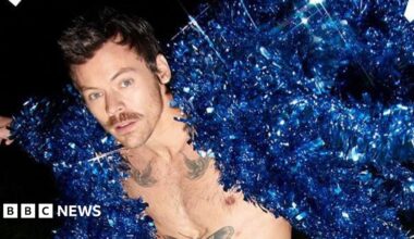 Harry styles, who is wearing grey trousers and a blue jacket made out of tinsel, is staring at the camera in this promotional photograph.