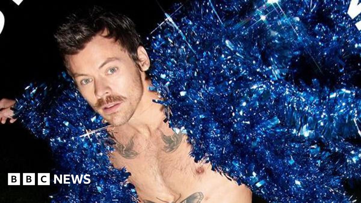 Harry styles, who is wearing grey trousers and a blue jacket made out of tinsel, is staring at the camera in this promotional photograph.