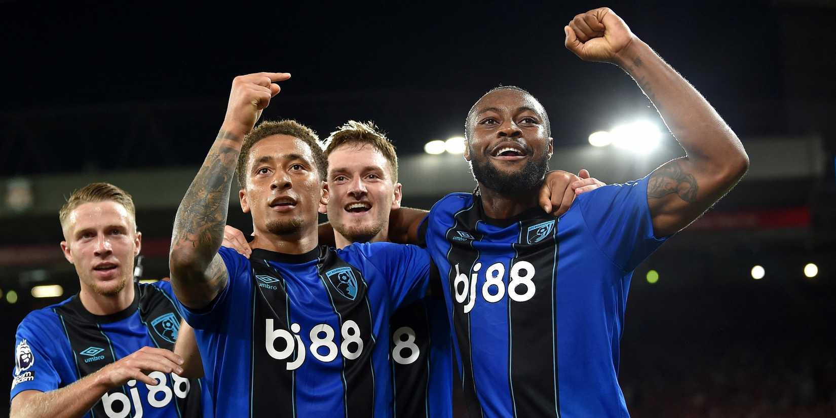 AFC Bournemouth's Antoine Semenyo celebrates scoring their second goal with Marcus Tavernier